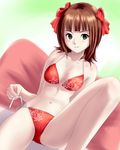  amami_haruka bangs bikini brown_hair cameltoe green_eyes idolmaster idolmaster_(classic) pillow ponnetsu red_bikini short_hair side-tie_bikini smile solo spread_legs swimsuit 