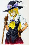  adapted_costume blonde_hair broom gloves hand_on_hip hat kirisame_marisa pageratta school_uniform smile solo touhou traditional_media 