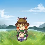  chibi hair_ribbon happy hat head_wreath kochiya_sanae moriya_suwako multiple_girls nature ribbon socha tadpole touhou younger |_| 