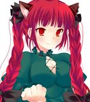 animal_ears bad_id bad_pixiv_id bangs blush bow braid breasts cat_ears cleavage cleavage_cutout clenched_hand extra_ears hair_bow hair_ribbon kaenbyou_rin large_breasts long_hair paw_pose red_eyes red_hair ribbon sakuranchu slit_pupils smile solo touhou twin_braids 
