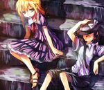  bad_id bad_pixiv_id blonde_hair blue_eyes brown_hair dress hat maribel_hearn miya_(tsumazukanai) multiple_girls necktie ribbon sandals sitting sitting_on_stairs stairs touhou usami_renko 