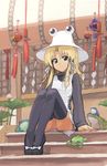  alternate_color arm_support bad_id bad_pixiv_id black_legwear blonde_hair flat_chest flower frog grey_eyes hair_ribbon hat kurobuta_gekkan looking_at_viewer lotus moriya_suwako ribbon rope shide shimenawa shoes shrine sitting sitting_on_stairs smile solo stairs thighhighs tiptoes touhou zettai_ryouiki 