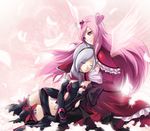  angel_wings bike_shorts black_gloves black_legwear bow closed_eyes cure_passion dress dual_persona eas elbow_gloves feathers fresh_precure! gloves grey_hair hair_ornament hairband heart heart_hair_ornament higashi_setsuna hug hug_from_behind kazuki_sanbi kneeling long_hair magical_girl multiple_girls navel pink_eyes pink_hair precure ribbon short_hair shorts silver_hair smile thighhighs tiara wings 