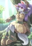  animal_ears blue_hair boots fur furry gloves hair_ornament horns kishibe legend_of_mana purple_eyes seiken_densetsu sierra solo tail 