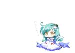  ahoge brown_eyes chibi frog_hair_ornament full_body green_hair hair_ornament kochiya_sanae simple_background solo takana_shinno touhou white_background 