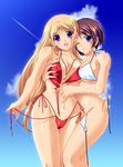  asanuma_katsuaki bikini blonde_hair blue_eyes blush breast_grab breast_press breasts brown_hair cloud cross day grabbing large_breasts long_hair multiple_girls navel one_eye_closed open_mouth original purple_eyes short_hair side-tie_bikini sky smile swimsuit yuri 