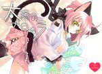  animal_ears bell bell_collar bob_cut breasts cat_ears cat_tail collar copyright_request fish jingle_bell large_breasts onigirikun open_clothes open_shirt shirt short_hair solo tail tattoo thighhighs yellow_eyes 