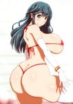  286c areola_slip areolae ass atlus blue_eyes blue_hair blush breasts bursting_breasts butt_crack curvy female genei_ibunroku_#fe gradient gradient_background highres huge_ass huge_breasts long_hair looking_at_viewer looking_back micro_bikini nintendo oribe_tsubasa sideboob small_waist smile solo string_bikini thick_thighs thighhighs thong wide_hips 