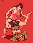  2girls amagi_yukiko anal areolae barefoot blonde_hair breasts brown_hair clothed_female_nude_female hairband large_breasts long_hair mizaru multiple_girls nipples nude open_mouth persona persona_4 pussy satonaka_chie short_hair skirt strap-on tongue tongue_out torn_clothes torn_shorts uncensored yuri 