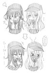  &gt;_&lt; :d akatsuki_(kantai_collection) angry ayanepuna blush chibi closed_eyes comic commentary_request flat_cap flying_sweatdrops greyscale hat hibiki_(kantai_collection) highres kantai_collection long_hair monochrome multiple_girls neckerchief open_mouth school_uniform serafuku skirt smile translation_request 