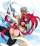  1boy 1girl ahoge angry ass belt blue_eyes blush boots carrying couple dark_skin embarrassed gloves hetero jako_(toyprn) long_hair loni_dunamis midriff nanaly_fletch open_mouth princess_carry red_hair sarong shorts silver_hair smile tales_of_(series) tales_of_destiny_2 thigh_boots twintails vest 