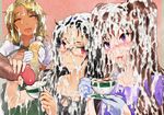 3girls ahegao black_hair blush bottle brown_hair bukkake censored cum cum_in_container cum_in_mouth cum_on_body cum_on_clothes cum_on_food cum_on_glasses cum_on_hair cum_on_tongue cum_on_upper_body cum_string cumdrip cup dokiyuri ejaculation facial glasses gloves gokkun hair_ornament happy highres juice long_hair multiple_girls open_mouth original purple_eyes smile teacup tongue tongue_out 
