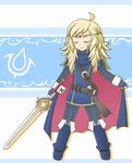  1girl alternate_costume artist_request blonde_hair breasts cape cosplay eyes_closed female fire_emblem fire_emblem_if long_hair lucina nintendo ophelia_(fire_emblem_if) smile sword weapon 