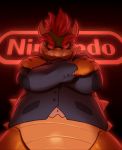  2019 anthro bowser clothing grin hair horn koopa looking_down male mario_bros nintendo red_eyes red_hair reptile scalie sharp_teeth smashega smile solo standing suit teeth text video_games 