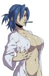  1girl bathrobe blue_hair breasts cleavage cleavage_reach ganno hair_over_one_eye highres large_breasts looking_at_viewer navel no_bra no_eyepatch no_panties one-eyed out-of-frame_censoring red_eyes scar scar_across_eye short_ponytail skullgirls solo toothbrush toothbrush_in_mouth valentine_(skullgirls) white_background 