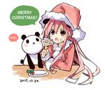  1girl cake choujigen_game_neptune christmas eating food hard_translated hat long_hair neptune_(series) panda panda_ears red_eyes red_hair santa_costume santa_hat shakeko_(choujigen_game_neptune) simple_background sketch solo translated tsunako 