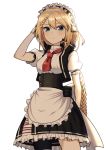  apron arm_behind_back arm_up bangs black_skirt black_vest blonde_hair blue_eyes blush braid closed_mouth commentary_request corset cowboy_shot eyebrows_visible_through_hair frilled_apron frilled_skirt frills g36_(girls_frontline) girls_frontline gloves hand_in_hair highres korean_commentary leg_garter long_hair looking_at_viewer maid maid_headdress necktie open_clothes open_vest panix2383 pouch puffy_short_sleeves puffy_sleeves red_neckwear shirt short_sleeves simple_background single_braid skirt very_long_hair vest waist_apron white_apron white_background white_gloves white_shirt 