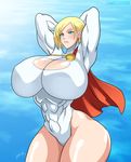  aqua_eyes arms_behind_head artist_name blonde_hair breasts cape cleavage_cutout dc_comics elee0228 gigantic_breasts gradient gradient_background highleg highleg_leotard leotard lips muscle power_girl short_hair skin_tight thighs wide_hips zetarok 