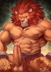  2019 abs anthro biceps clothing felid hi_res humanoid_penis leo_(red_earth) lion male mammal muscular nipples pantherine pecs penis rabbity red_earth simple_background solo video_games 