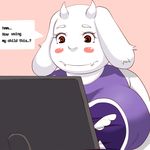  artist_request brown_eyes brown_hair computer english grape_jelly_(artist) horn open_mouth sheep short_hair toriel translation_request undertale 