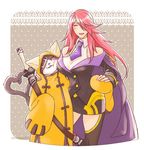  1boy 1girl arc_system_works bare_shoulders blazblue blush breast_press breasts cape cat couple dress eyepatch eyes_closed hair_over_one_eye hood husband_and_wife jubei_(blazblue) konoe_a_mercury large_breasts long_hair multiple_tails necktie nunun open_mouth pink_hair red_eyes sheathed short_dress smile sword tail thighhighs weapon 