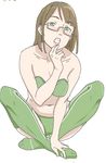  1girl bikini blush breasts brown_hair collarbone feet glasses green_bikini green_eyes green_legwear green_swimsuit hair_ornament hairband hands_on_feet no_shoes norakura_(nr_kura) simple_background sitting smile solo swimsuit tagme thighhighs under-rim_glasses white_background 