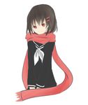  1girl black_hair hair_ornament hairclip red_eyes red_scarf ryotaruu scarf school_uniform serafuku short_hair simple_background smile solo tateyama_ayano white_background 