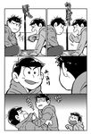  :d ? angry bangs brothers closed_eyes clothes_grab comic frown greyscale heart heart_in_mouth long_hair looking_at_another male_focus matsuno_ichimatsu matsuno_juushimatsu matsuno_karamatsu monochrome motion_lines multiple_boys open_mouth osomatsu-kun osomatsu-san pants sakuhou3390 shaded_face siblings sitting slapping sleeves_past_wrists smile tears translation_request 