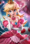  bare_shoulders blonde_hair blue_eyes blurry breasts choker cleavage crown depth_of_field dress earrings elbow_gloves female gem gloves gradient gradient_background highres jewelry lips long_hair looking_at_viewer nintendo off-shoulder_dress open_mouth pink_dress princess_peach sakimichan smile solo sparkle strapless_dress super_mario_bros. umbrella upper_body 