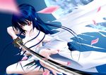  blue_hair breasts female katana large_breasts long_hair looking_at_viewer moon original red_eyes solo sword tan_(knock_up) weapon 