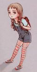  1girl :p brown_eyes brown_hair child denim denim_overalls grey_background hair_bobbles hair_ornament mary_janes overalls randoseru ryonma shoes simple_background solo striped_legwear tongue tongue_out zettai_ryouiki 
