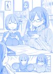  &gt;:) 3girls ^_^ ai-chan's_mother_(tawawa) ai-chan's_sister_(tawawa) ai-chan_(tawawa) apron blue bowl braid breast_rest breasts calendar_(object) chopsticks closed_eyes comic commentary_request eating food getsuyoubi_no_tawawa glasses himura_kiseki kitchen large_breasts long_hair mature mochi mole mole_under_eye monochrome mother_and_daughter multiple_girls ribbed_sweater short_hair siblings silent_comic sisters smile sweater translated turtleneck v-shaped_eyebrows 