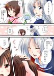  animal_ears blue_eyes braid brown_hair bunny_ears carrot_necklace closed_eyes comic commentary dandelion flower hat inaba_tewi multiple_girls open_mouth petting red_eyes silver_hair touhou translated unya yagokoro_eirin 