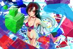  1girl abstract bikini blush brown_hair choker long_hair looking_at_viewer original red_eyes side-tie_bikini solo swimsuit tan_(knock_up) underboob 