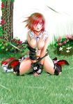  1girl bangs between_breasts breasts female fingerless_gloves flower gloves grass large_breasts looking_at_viewer navel_piercing original purple_eyes red_hair solo tan_(knock_up) torn_clothes tree v_arms very_long_hair wariza 