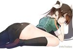  1girl 7 ass black_boots boots brown_eyes brown_hair hair_between_eyes hair_ribbon kantai_collection knee_boots long_hair looking_back namesake no_panties number open_mouth pelvic_curtain remodel_(kantai_collection) ribbon side_slit simple_background single_thighhigh skirt smile sts thighhighs tone_(kantai_collection) tongue twintails twitter_username white_background 