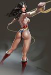  ass back bare_legs bare_shoulders black_hair breasts dc dc_comics female gradient gradient_background huge_ass solo thong wonder_woman wonder_woman_(series) 