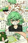  1girl 3koma anger_vein bald blush blush_stickers cape check_translation christmas_tree clenched_teeth comic commentary_request fang green_eyes green_hair highres mehonobu_g one-punch_man rectangular_mouth saitama_(one-punch_man) sweatdrop tatsumaki teeth translation_request under_covers white_cape 