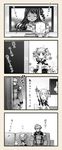  2girls 4koma arm_up blush child closed_eyes coat comic commentary_request couch crossover door dress embarrassed full-face_blush gloves greyscale highres idolmaster idolmaster_cinderella_girls irui_guneden long_hair monochrome multiple_girls nakamura_kanko one_side_up pointing sanger_zonvolt scarf shimamura_uzuki short_hair sitting smile star stuffed_toy super_robot_wars television walk-in watching_television 