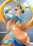  1girl ass bare_shoulders bayeuxman blonde_hair blue_eyes breasts capcom domino_mask fang female from_behind heart_cutout huge_ass jiggle large_breasts leotard long_hair looking_at_viewer looking_back mask motion_blur rainbow_mika smile solo spanked spanking street_fighter street_fighter_v thong thong_leotard thumbs_up twintails very_long_hair wrestling_outfit 