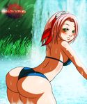  1girl ass bare_shoulders bikini blush breasts demon_royal female from_behind green_eyes hairband haruno_sakura huge_ass large_breasts leaning leaning_forward long_hair looking_at_viewer naruto panties pink_hair poorly_drawn shiny shiny_skin sideboob solo swimsuit underwear water wet 