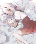  1girl after_suko ahoge azur_lane bangs blue_eyes character_doll commentary dark_skin eyebrows_visible_through_hair hair_between_eyes hair_ribbon heart_ahoge heterochromia horns indianapolis_(azur_lane) long_hair looking_at_viewer lying on_side pink_hair pleated_skirt portland_(azur_lane) ribbon school_uniform skirt solo suspender_skirt suspenders thighhighs twintails very_long_hair yellow_eyes 