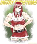  1girl abs belt biceps bow bowtie breasts brown_eyes christmas cleavage earrings elee0228 erza_scarlet extreme_muscles fairy_tail female hands_on_thighs ichan-desu jewelry looking_at_viewer muscle navel red_hair solo 