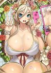  blonde_hair blue_eyes breasts cellular_phone ekoda_(piapro) female_pov huge_breasts smile 