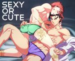  2boys abs ass bara bulge chinjuu_hibakichi jojo_no_kimyou_na_bouken kakyouin_noriaki kuujou_joutarou looking_at_viewer male_focus multiple_boys muscle naughty_face nipples pecs purple_eyes red_hair sweat tattoo topless undressing yaoi 