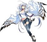  claws denim earrings harpy haru_(monster_musume) jeans jewelry long_hair monster_girl monster_musume_no_iru_nichijou monster_musume_no_iru_nichijou_online pants solo standing torn_clothes wings 