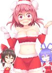  :d ^_^ aki_chimaki bandaged_arm bandages bare_shoulders blue_hair blush bow breasts brown_hair cleavage closed_eyes d: detached_sleeves double_bun embarrassed hair_bow hair_ornament hair_stick hair_tubes hakurei_reimu hat highres ibaraki_kasen kaku_seiga medium_breasts midriff miniskirt multiple_girls nose_blush open_mouth pale_skin pink_eyes pink_hair santa_costume santa_hat short_hair simple_background skirt smile touhou white_background 