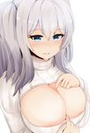  :d areolae blush breasts cleavage cleavage_cutout close-up eyelashes hair_between_eyes hand_on_own_chest kantai_collection kashima_(kantai_collection) large_breasts long_sleeves meme_attire nao_(ritsancrossover) open-chest_sweater open_mouth paizuri_invitation parted_lips short_hair silver_hair simple_background smile solo sweater teeth two_side_up upper_body white_background 
