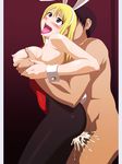  1boy 1girl animal_ears blonde_hair breast_grab breasts bunny_ears bunnysuit censored cum cum_in_pussy fairy_tail grabbing hetero highres large_breasts lime_(purple_haze) lucy_heartfilia mosaic_censoring open_mouth penis sex tongue_out vaginal 