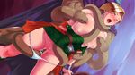  1girl arms_behind_back bare_shoulders belt bianca blonde_hair blush breast_sucking breasts breasts_outside cape censored dragon_quest dragon_quest_v earrings eyes_closed highres inja_no_kuruwa jewelry large_breasts legs long_hair monster mosaic_censoring open_mouth panties panty_pull pussy pussy_juice rape standing sweat tears thighs underwear wet 